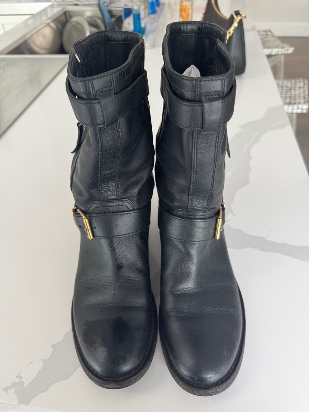 Authentic Burberry Black Leather Moto Buckle Mid-Calf Boots